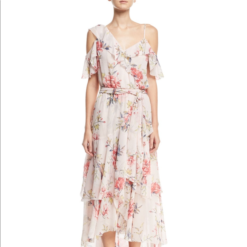 Pink Women's Floral Print Ruffle Maxi Dress Silk